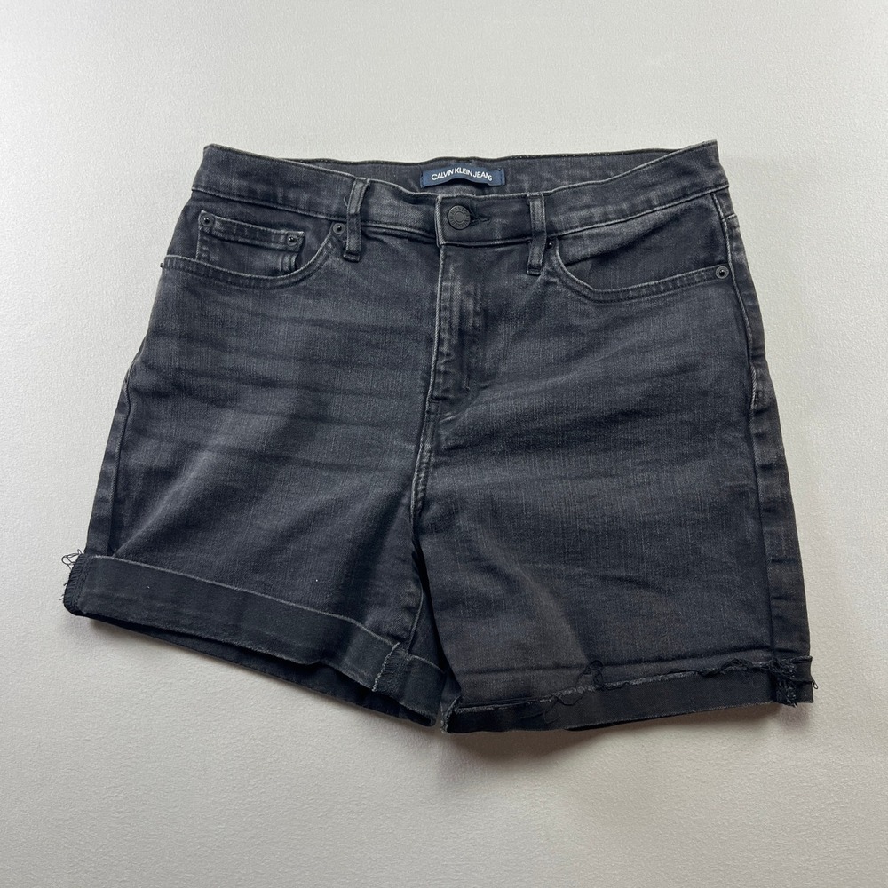 Calvin Klein Denim Cuffed Shorts Womens 10 Black Stretch High Rise Street Wear